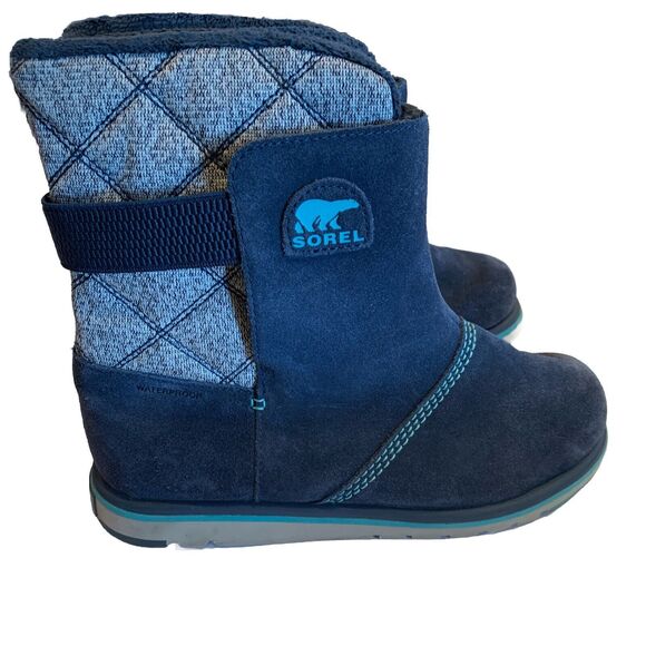 SOREL Womens 8/Youth 6 Navy Suede Leather Gray Knit Waterproof Winter Boots Warm - Picture 2 of 9